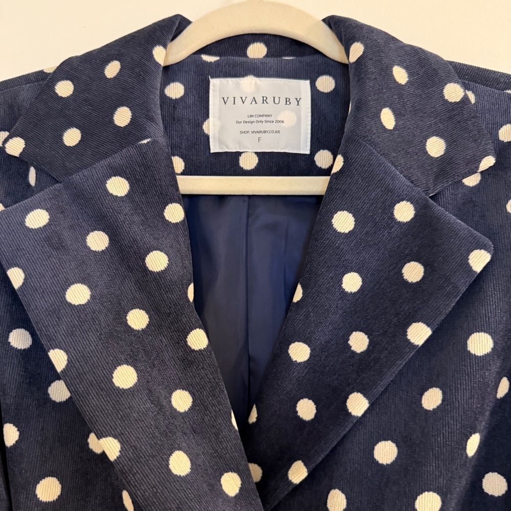 White and Blue Polka Dot Blazer with Puff Sleeves - Picture 8 of 14